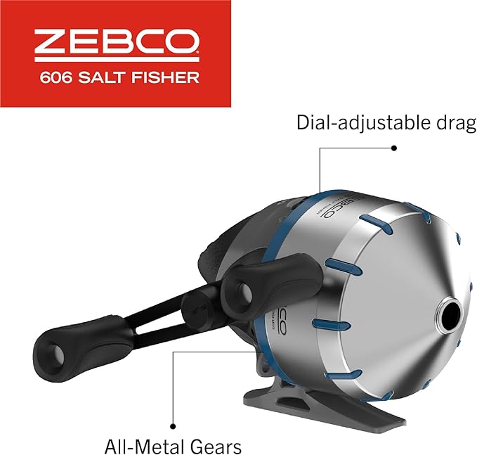 Zebco 606 Salt Fisher Spincast Reel and Fishing Rod Combo, 7-Foot 2-Piece Telescopic Rod, Size 60 Reel, 19-Piece Eagle Claw Tackle Kit