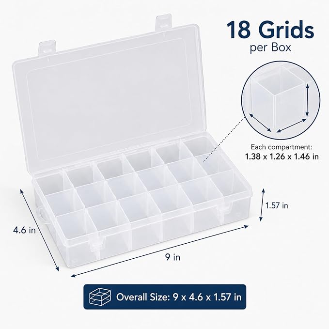 APACALI 6 Pack Plastic Organizer Box with Dividers, 18 Grids Clear Tackle Box Organizer, Adjustable Compartment Storage Boxes for Beads, Jewelry, Crafts, Fishing Lures, Screws and Small Parts