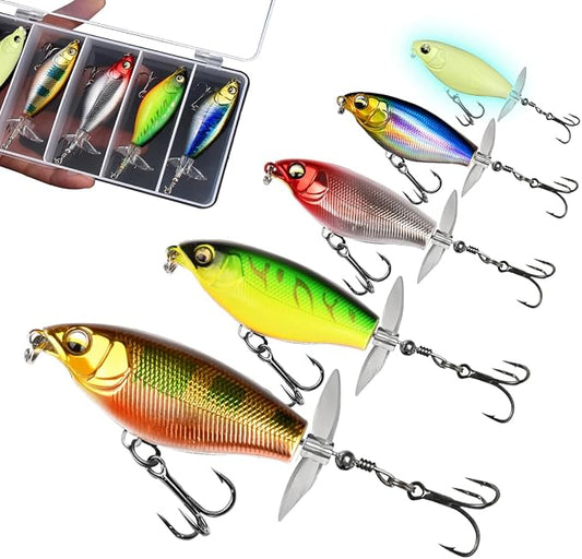 Topwater Fishing Lures with Floating Rotating Tail,Floating Lure for Bass Catfish, Water Fishing Lure for Freshwater or Saltwater, 5pcs with Storage Box.