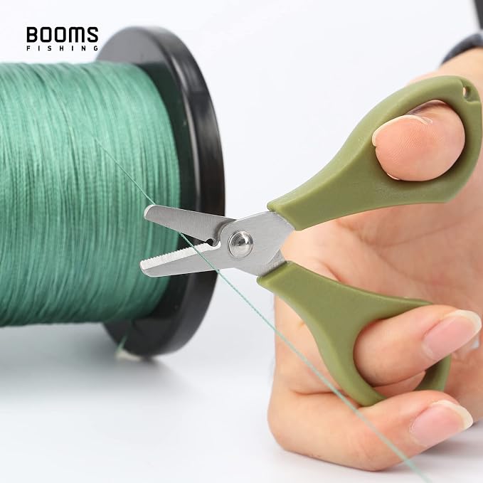 Booms Fishing S01 Fishing Scissors for Braided Line, Fishing Line Cutter Saltwater and Freshwater, Fishing Serrated Shears with Retractor, 3.9" Green