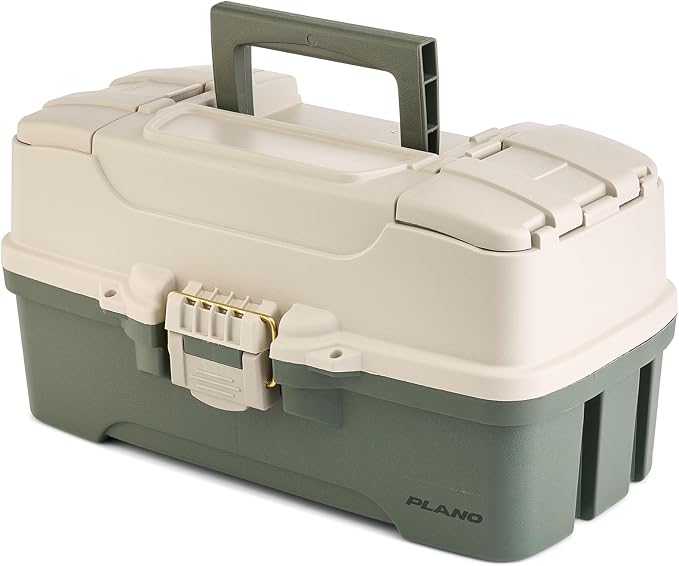 Plano Three-Tray Tackle Box, Green/Tan, Rust-Proof Brass Latch, Top-Access Tray with Deep Storage, Made in the USA, Portable Fishing Gear Storage Organizer