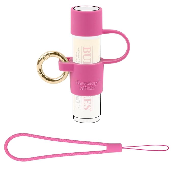 Silicone Chapstick Holder with Cap Cover, 0.6'' Diameter Portable Lip Balm Holder Key Chain Sleeve Chapstick Keychain Holder with Wrist Strap Lanyard - Rose