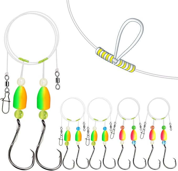 Dovesun 10PCS/4PCS Pompano Rigs for Surf Fishing Saltwater Fishing Rigs with Floats and Beads Unique Double-Line T-Knot Pre-Rigged Surf Fishing Gear & Tackle with Circle Hooks