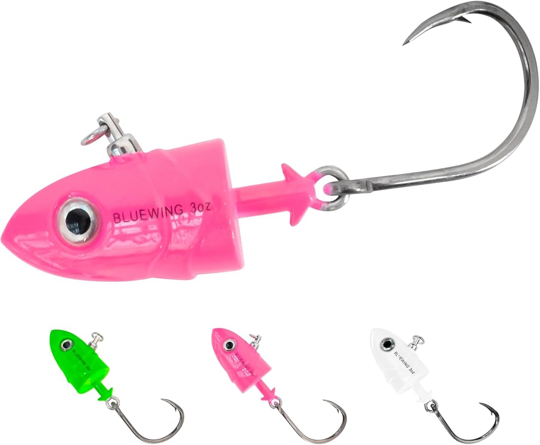 BLUEWING Jig Heads Saltwater 2oz,3oz,4oz,5oz,6oz,7oz Swimming Jigheads 1pc with High Carbon Steel Swing Hook and 6in/9in Replacement Tail Big Game Fishing Lures