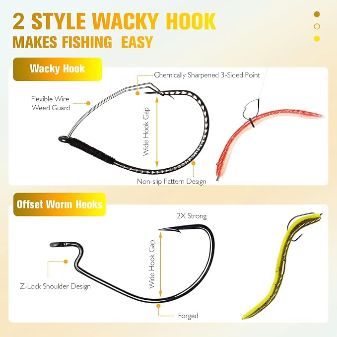 Dovesun Wacky Worm for Bass Trout Fishing Worms Kit with Soft Plastic Baits, Weedless Hooks, Bass Hooks,Weedless Jig Head, Wacky Rig Tool, O-Rings, Weight 152Pcs/131Pcs/50Pcs