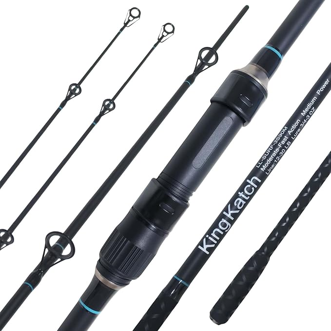 Surf Spinning Fishing Rod 9'/10'/11'/12', 3-Piece Carbon Fiber Saltwater Rod with 2 Tips, Lightweight High-Sensitivity Long-Cast Shore & Beach Casting Rod for Pier Surf Fishing