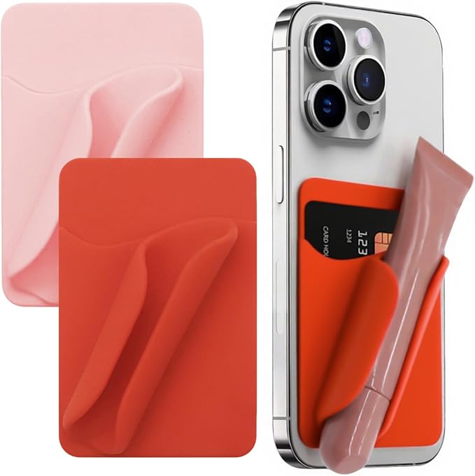 2 Pack Lip Gloss Phone Case Holder,Silicone Lip Gloss Holder with Card Holder,with Back Adhesive, Soft and Easy to Clean, Stylish and Eye-Catching, for Most Phone Models（Pink Orange）