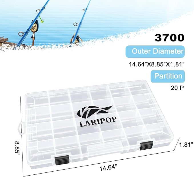 LARIPOP 2-Pack 3700 Fishing Tackle Boxes, Clear Plastic Storage Trays with Adjustable Dividers, Organizer for Lures, Hooks, Sinkers, Jigs & Fishing Accessories