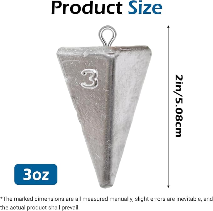 Pyramid Sinkers Assorted Weights 2oz 3oz 4oz, Lead Surf Fishing Sinkers for Saltwater Beach Bottom Fishing (5-8 Pack)