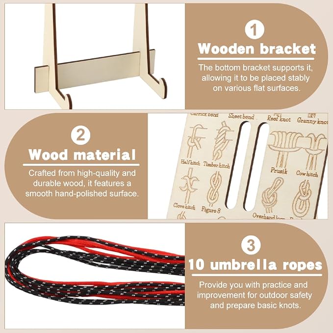 Learn Knot Training Board, 16 Knotting Methods for Beginners, Portable Knot Tying Book for Fishing, Backpacking, Hiking, Outdoor Survival, Camping, Knot-Tying-kit