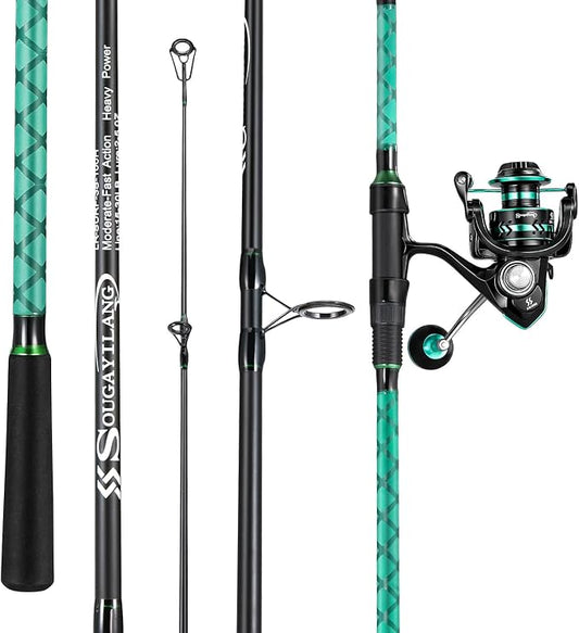 Sougayilang Surf Fishing Rod and Reel Combo, 9-12 ft 3-Piece Surf Rod with 4000-6000 Spinning Reel, Carbon Fiber Saltwater Fishing Combo for Beach Bank and Pier Fishing
