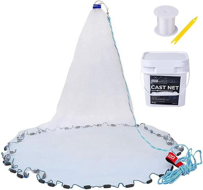Goture American Fishing Cast Net,Casting Nets Freshwater Saltwater for Bait Fish Shrimp Trap 3ft/4ft/6ft/7ft/8ft/10ft/12ft Radius 1/4 3/8inch Mesh Size,Throw Fishing Castnet with Needle Shuttle