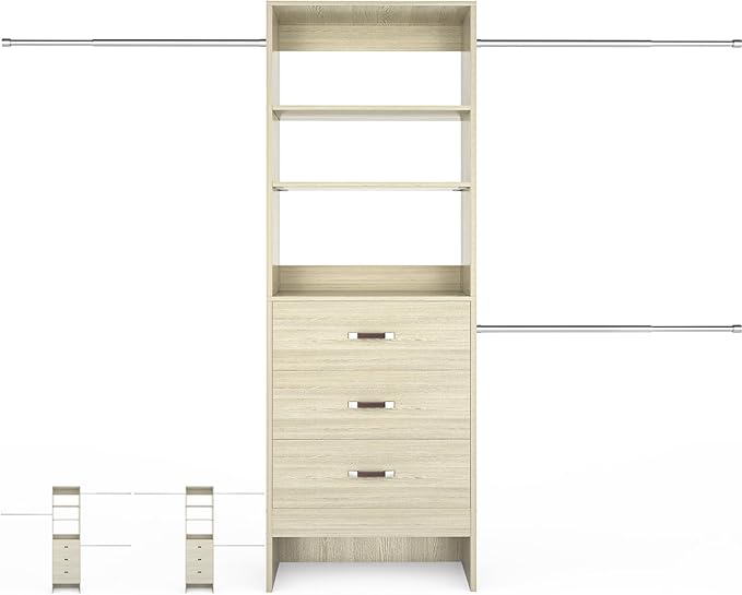 96'' Closet Organizer System with 3 Hanging Rods, 8FT Closet Organizers and Storage with 3 Wooden Drawers, Built in Closet Organizer Systems, Adjustable Walk-in Wardrobe from 2-8FT, Light Oak