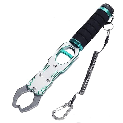 11" Aluminum Fish Lip Gripper with Scale, Built-in 40lb Scale Heavy Duty Fishing Grabber, Telescopic Rope, Fish Control Tackle 360° Swivel Non-Slip Handle