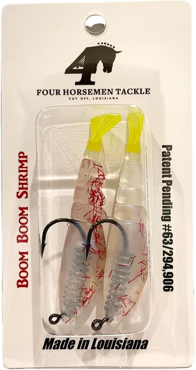 Four Horsemen Boom Boom Shrimp Plastic Bait Made in USA Saltwater Fishing Lures for Speckled Trout, Redfish - 1/8 Deathgrip Jighead Hook - Contains 2 Swimbaits