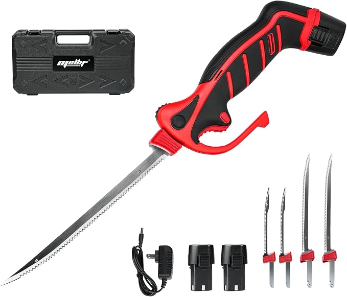 Mellif Electric Fillet Knife for Fish, 12V Cordless Fish Fillet Knife with 9.5" & 7" Sharp Blades, fillet knife for fish, Non-Slip Grip Handle, Safety Lock, 2 Rechargeable Batteries, Quick Charger & Carry Case for Fishing and Filleting