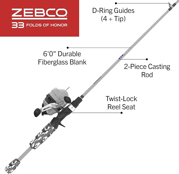 Zebco 33 Folds of Honor Spincast Reel and 2-Piece Fishing Rod Combo, 6-Foot Fiberglass Rod, Quickset Anti-Reverse Fishing Reel with Bite Alert, 1 Dollar Donated to Folds of Honor Foundation,Grey/Black