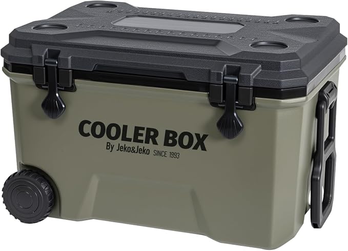 JEKO&JEKO 60QT Portable Wheeled Cooler with Ice Packs, Long Insulated Ice Chest with Dual Latches, Cup Holders, Bottle Opener & Drain Valve, Ideal for Camping, Fishing, Picnic, Beach (Black & Gray)