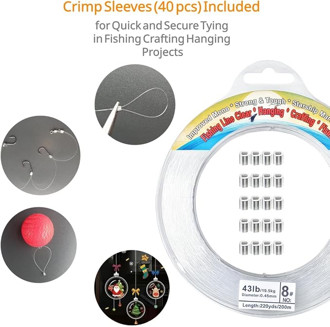 Aboda Clear Fishing Line 0.2-1 mm, Strong Invisible Nylon Fishing Wire 8-100 lb Test Includes Crimp Sleeves, Clear String for Hanging Decorations Balloons Garlands Crafts & Jewelry