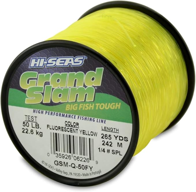 HI-SEAS Grand Slam Monofilament Fishing Line - Strong & Abrasion Resistant in Clear, Pink, Green, Smoke Blue, Fluorescent Yellow Freshwater & Saltwater – Quarter Pound Spool