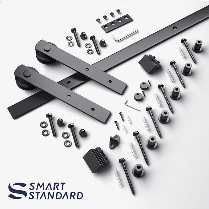 SMARTSTANDARD 8ft Barn Door Hardware Kit, Sliding Door Hardware Kit, Smoothly & Quietly - Heavy Duty Sturdy - Easy to Install, Fits 42"-48" Wide Door Panel (I Shape)
