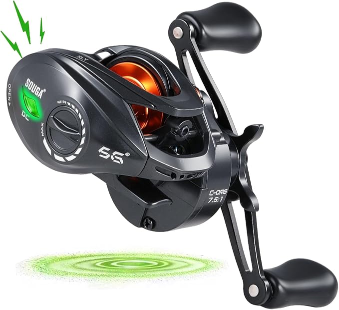 SOUGA DC Baitcaster Reel, Smart Digital Anti Backlash Baitcasting Reel, 7.5:1 High Speed, 8+1 Bearings, 18LB Max Drag, CNC Aluminum Spool, Line Out Alarm, Low Profile Fishing Reel for Bass & Beginners