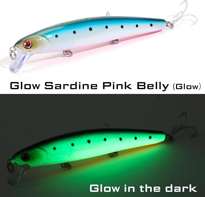 LITTMA California Surf Fishing Lures Saltwater Jerkbait Crankbait Surf Minnow 110/125 - Metallic Sardine Super Glow & Pearl Pink Belly Glow Lures for Halibut & Striper Fishing