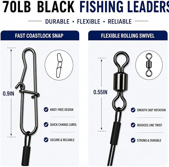 Stainless Steel Fishing Wire Leaders, Black Coated & Uncoated Options, Heavy Strength 31–100LB, 6–21in Multi Sizes with Rolling Swivels Snaps for Salt Fresh Water Shark Pike Barracuda