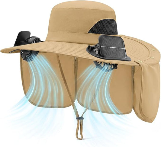 2 in 1 Wide Brim Sun Hat with 2 Solar Fans Sunshade UPF 50+ Garden Outdoor Fishing Beach Essential