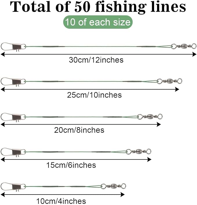 Giantree 50 Pcs Fishing Leaders, Stainless Steel Fishing Leaders with snap and Swivel, Anti-bite Stainless Steel Wire Leaders Fishing Leader Line for Fishing Rigs Saltwater and Freshwater