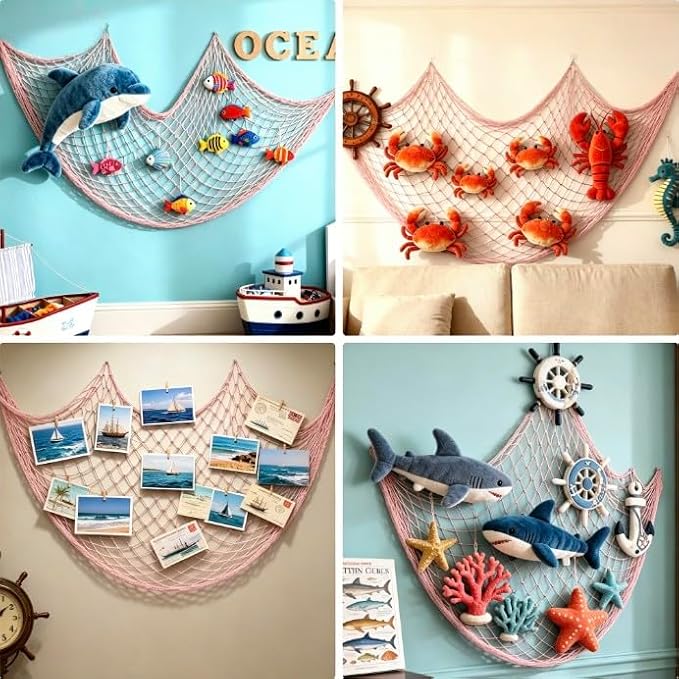2 Pack Decor Fish Net for Party, 5x10 ft Large Pink Decorative Fishing Net for Mermaid, Ocean, Beach, Under The Sea Themed Parties, Hanging Plush Toys, Picture Display, Tables Runner & Balloon Stand