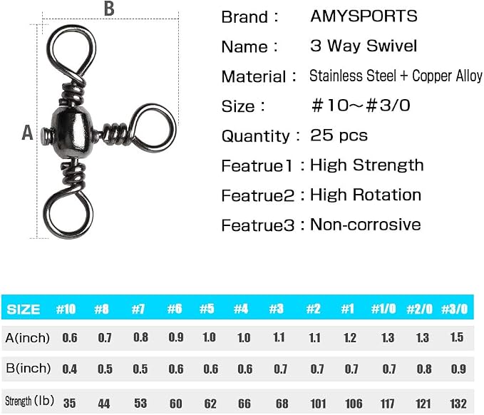 AMYSPORTS Stainless 3way Swivel Fishing crossline swivels 3 Way rigs Saltwater Freshwater Drifting trolling Fishing Tackle Connector for Spoons Minnow baits