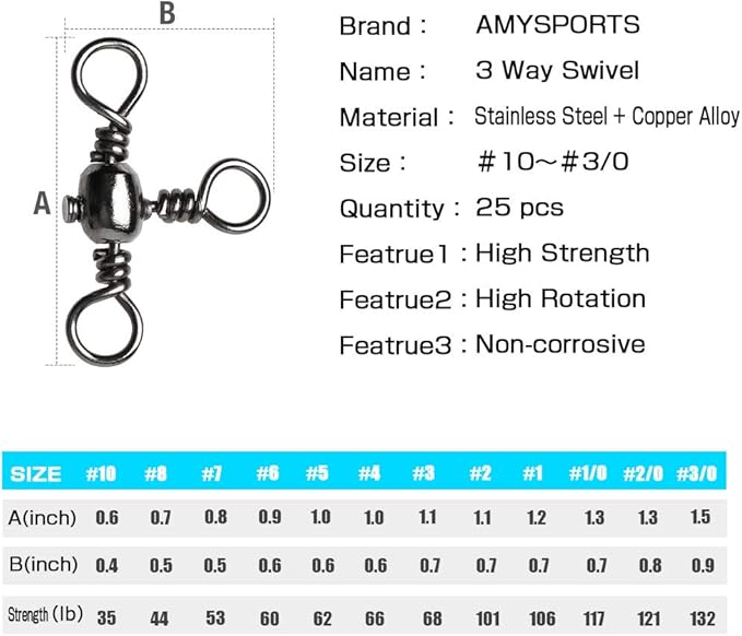 AMYSPORTS Stainless 3way Swivel Fishing crossline swivels 3 Way rigs Saltwater Freshwater Drifting trolling Fishing Tackle Connector for Spoons Minnow baits