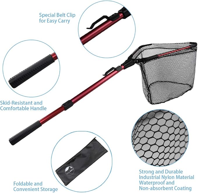 YVLEEN Folding Fishing Net - Foldable Fish Landing Net Robust Aluminum Telescopic Pole Handle and Nylon Mesh 16inch Hoop Size