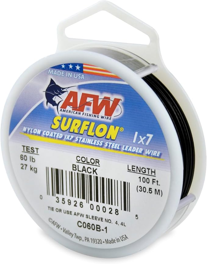 American Fishing Wire Surflon Nylon Coated 1x7 Stainless Steel Wire Leader - Wire Fishing Leader Line for Saltwater 10lb Up To 250lb Test in Bright, Black, Camo in 30ft, 100ft, 300ft, & 1000ft Lengths