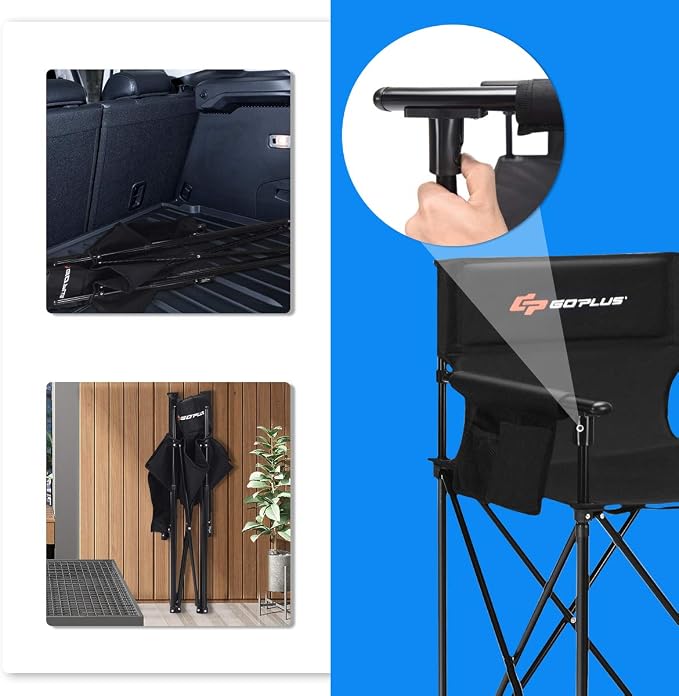 COSTWAY Folding Camping Chair, 38.5” Height Portable Tall Directors Chair with Storage Pouches, Detachable Armrests, Carrying Bag for Fishing, Picnic, Lawn, Black, 250LBS Weight Capacity