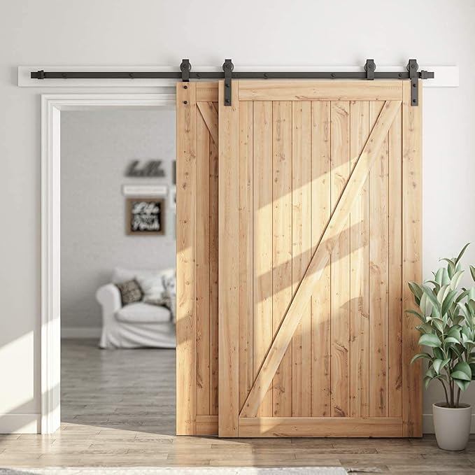 SMARTSTANDARD 8 Feet Bypass Sliding Barn Door Hardware Kit - for Double Wooden Doors-Single Track - Smoothly & Quietly - Easy to Install-Fit 84" Opening