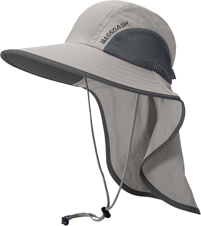 BASSDASH UPF 50+ Unisex Water Resistant Wide Brim Sun Hat with Large Neck Flap Ponytail Fishing Hat for Men Women