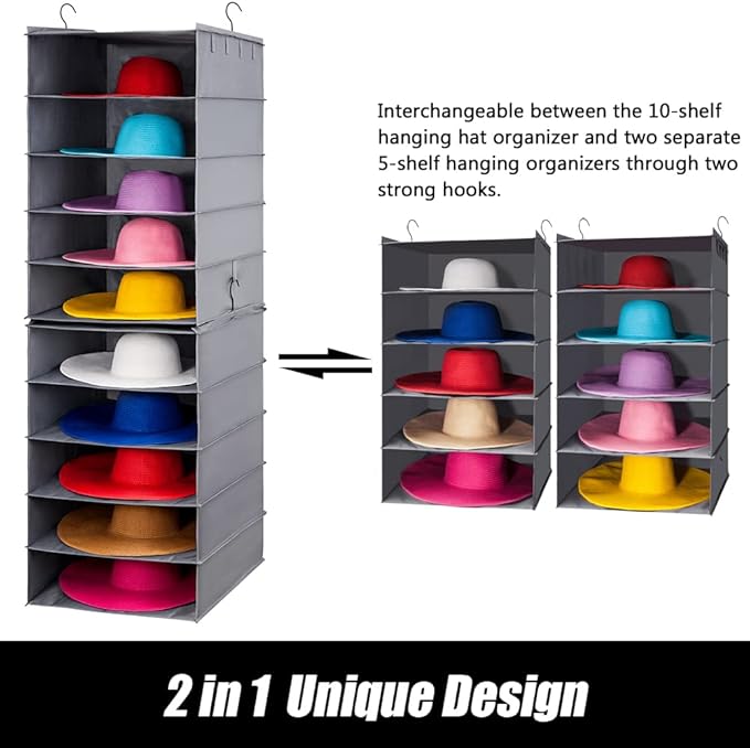 LADYBRO Large Hat Storage for Closet Hanging Organizer for Wide Brim 10 Shelf Oversized Racks Sunhat Cowboy Fedora Floppy Collection Box Container Display Big Brimmed Holder Space Saver Organization