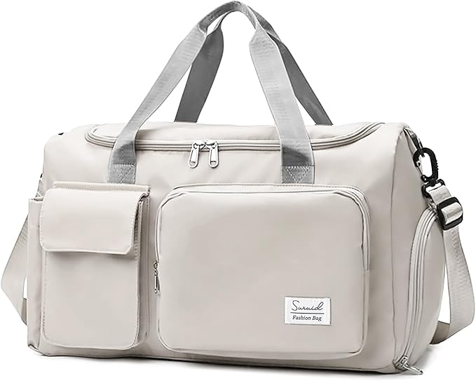 Suruid Travel Duffel Bag with Shoes Compartment Sports Gym Bag with Dry Wet Separated Pocket for Men and Women, Overnight Bag Weekender Bag Training Handbag Yoga Bag - White Gray