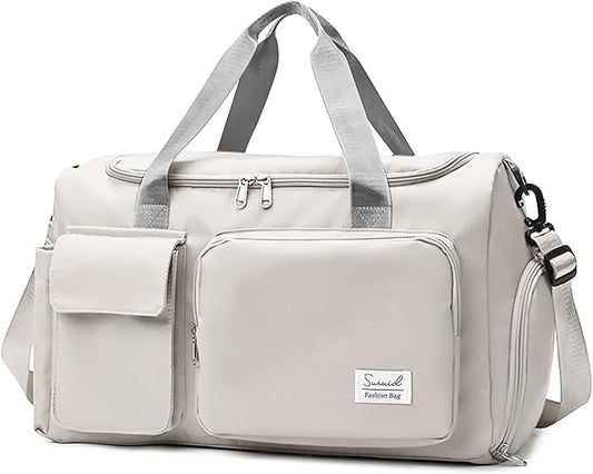 Suruid Travel Duffel Bag with Shoes Compartment Sports Gym Bag with Dry Wet Separated Pocket for Men and Women, Overnight Bag Weekender Bag Training Handbag Yoga Bag - White Gray