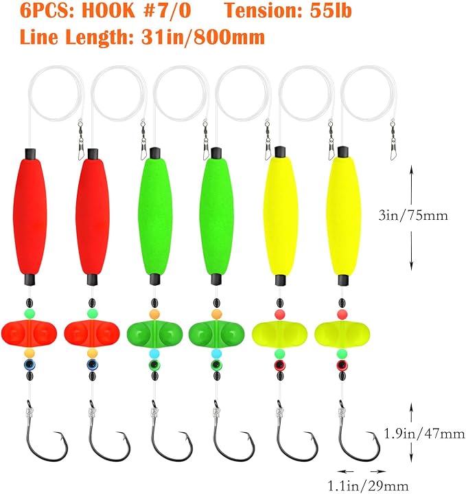 Catfish Rigs & Santee Rig Kit – 6pcs Pre-Tied Catfish Float Rigs with 5/0 6/0 7/0 Circle Hooks, Peg Floats – Heavy Duty Catfishing Tackle for Bank, Drift, or Bottom Fishing