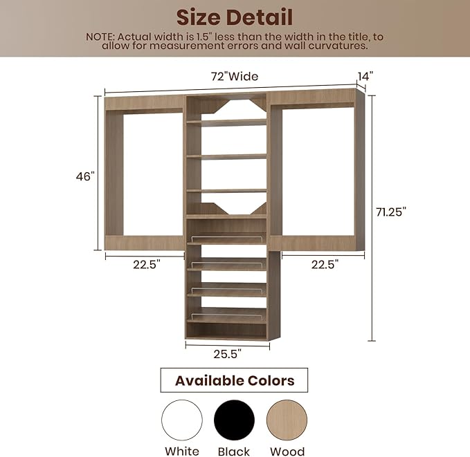 ROOMTEC Modular Closet System, 72" Wall Mounted Closet Organizer with Hanging Rods and Shoe Shelf, Wooden Tower for Walk-In Closets, Wardrobe Storage Kit, Wood
