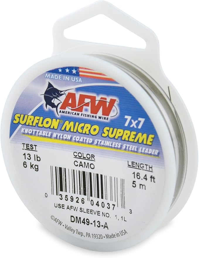 American Fishing Wire Surflon Micro Supreme Nylon Coated 7x7 Stainless Steel Leader Wire - Knottable Wire Leaders for Fishing Saltwater, Fly Fishing, 13lb Test - 90lb Test, Bright, Black & Camo Colors