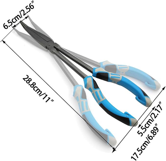 11" Long Nose Fishing Pliers, Straight & Bent Jaws, PTFE Coated Corrosion Resistant, Hook Remover & Braid Cutter Fishing Needle Nose Pliers, Saltwater Freshwater Gear for Bass Snook Trout