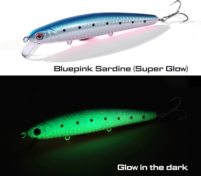 LITTMA California Surf Fishing Lures Saltwater Jerkbait Crankbait Surf Minnow 110/125 - Metallic Sardine Super Glow & Pearl Pink Belly Glow Lures for Halibut & Striper Fishing