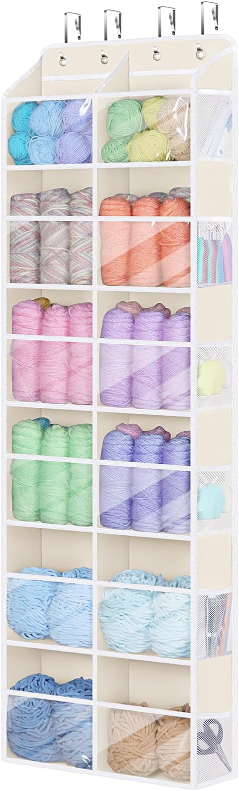 Univivi Over Door Hanging Yarn Storage Organizer, 6 Tiers Hanging Yarn Organizers and Storage with 12 Mesh Side Pockets for Crochet Accessories, Knitting Needles and Yarn Balls, Beige