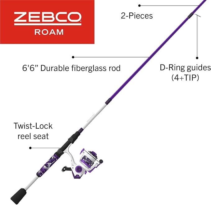 Zebco Roam Spinning Reel and Fishing Rod Combo, Fiberglass Rod, Split ComfortGrip Handle, Soft-Touch Handle Knob, Reversible Retrievee
