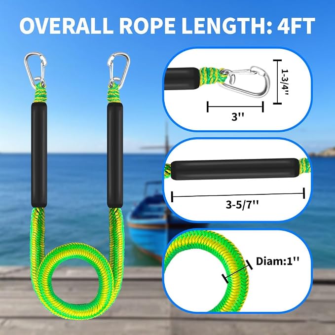 Bungee Boat Dock Line, Boat Rope with Double 316 Stainless Steel Clips Accessories for Bass Boat, Kayak, Pontoon, Watercraft, Waverunner, SeaDoo, Canoe,2Packs,4-6FT, Yellow&Green