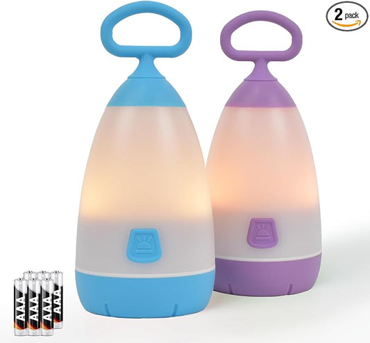 2-Pack Kids Camping Lantern & Night Light, Battery Operated, 360° Eye-Safe Light, IPX4 Waterproof RGB Portable, Sibling Gifts (Purple & Blue, 6× AAA Included)